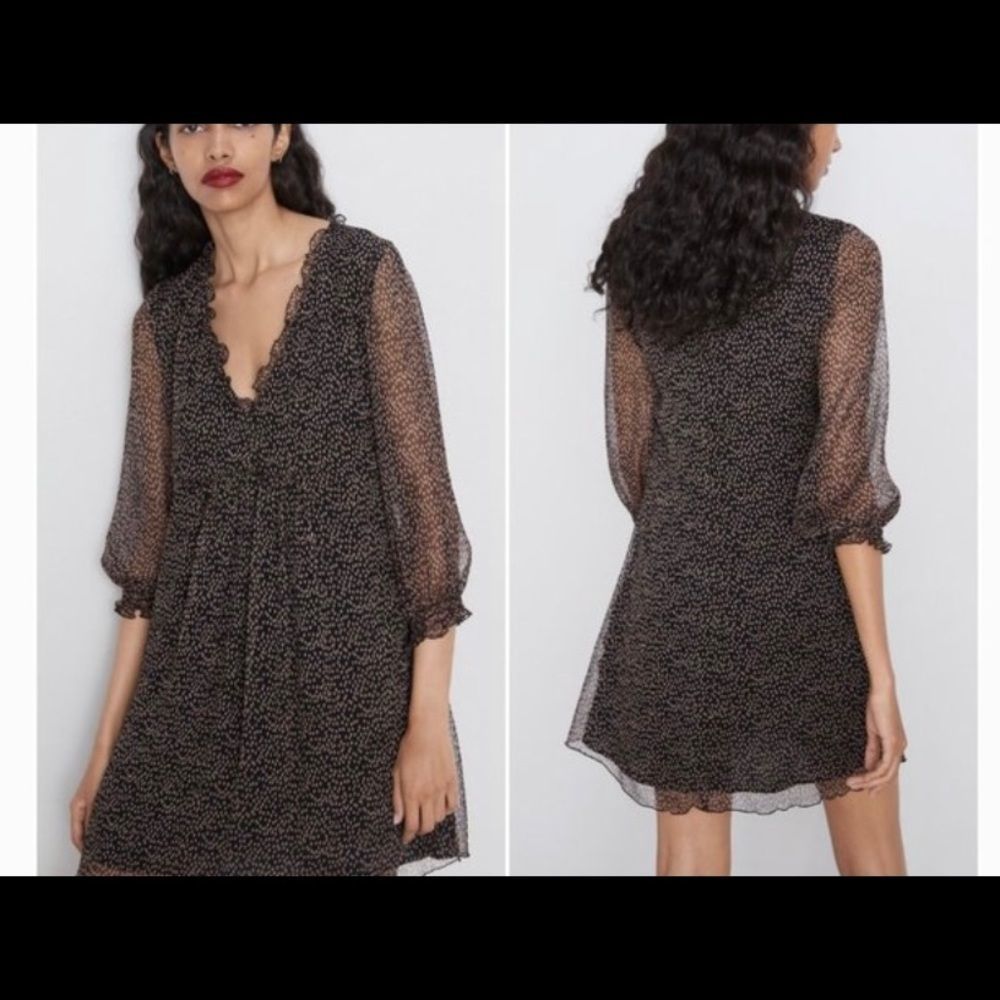 Zara draped mini dress black brown polka dot fit & flare XS